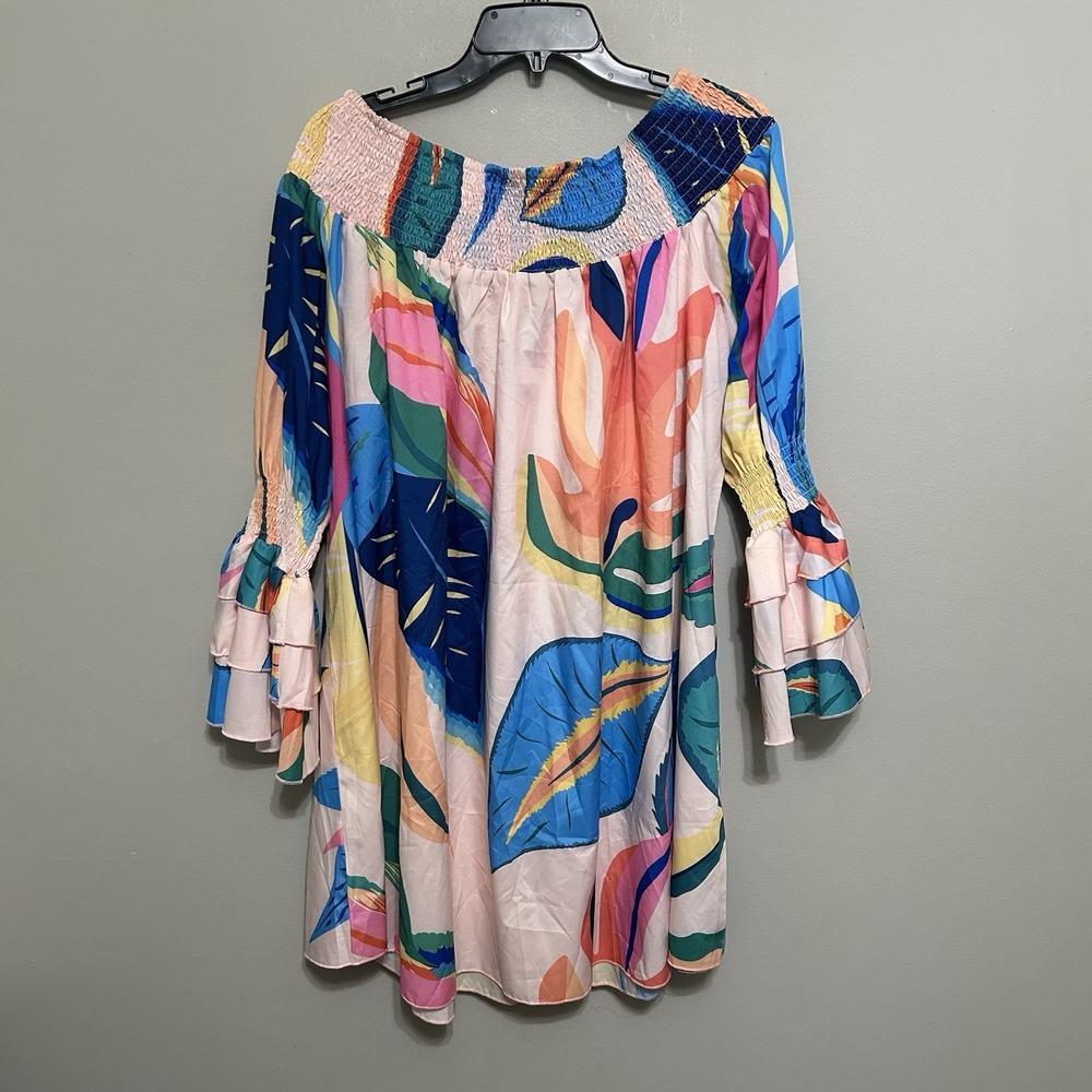Colorful Womens Blouse L Smocked Flounce Sleeve Silky Off Shoulder Boat Neck Art